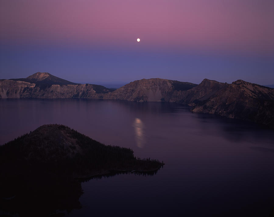 Crater Lake National Park Photograph - Moonrise Over Wizard Island, Crater by Panoramic Images