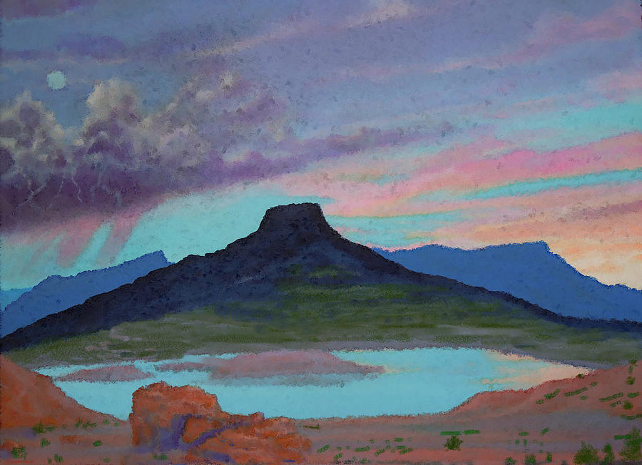 Pedernal Mountain Painting - Moonrise With Thunderstorm over Abiquiu Lake and Pedernal Mountain by Anastasia Savage Ealy
