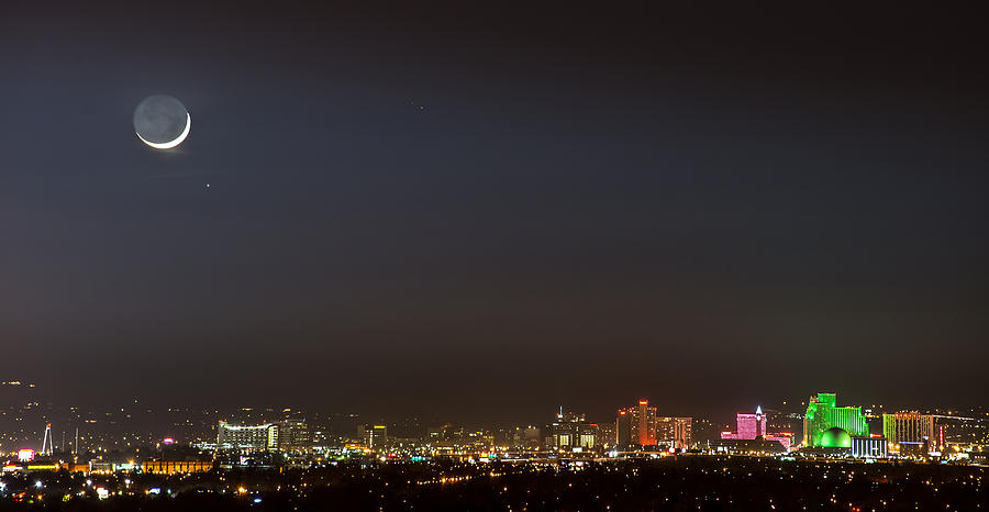 Reno Downtown New Years Moonset Pano Photograph by Janis Knight