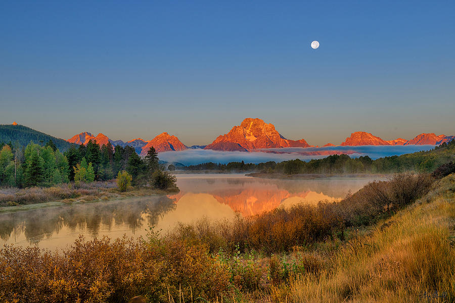 Moonset over Oxbow Bend Photograph by Greg Norrell