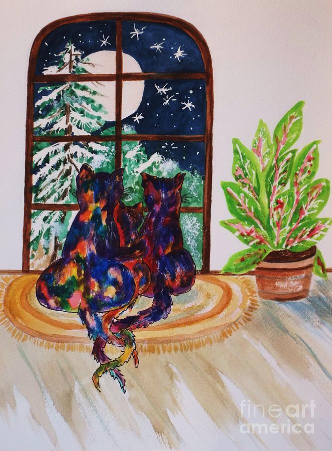 Moonstruck Cats - Winter Wonderland Painting by Ellen Levinson