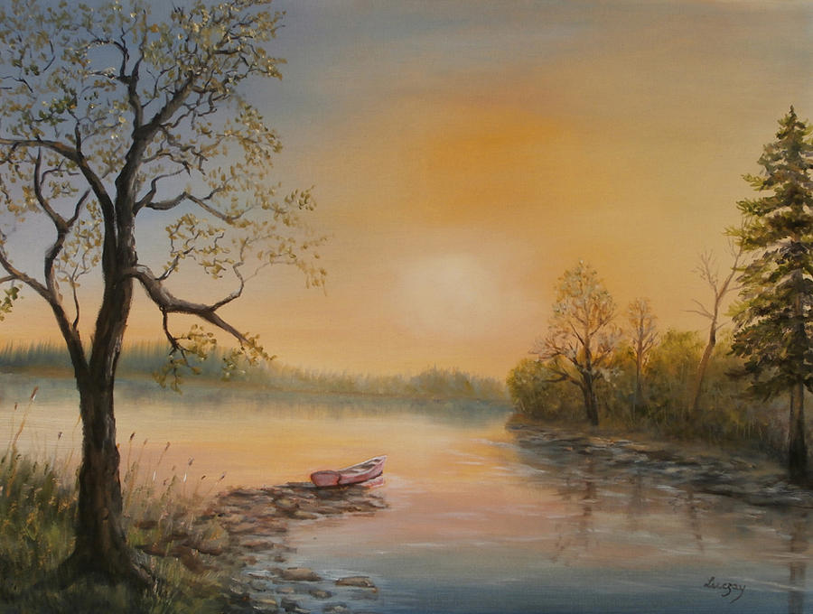Moored at Sunset Painting by Katalin Luczay