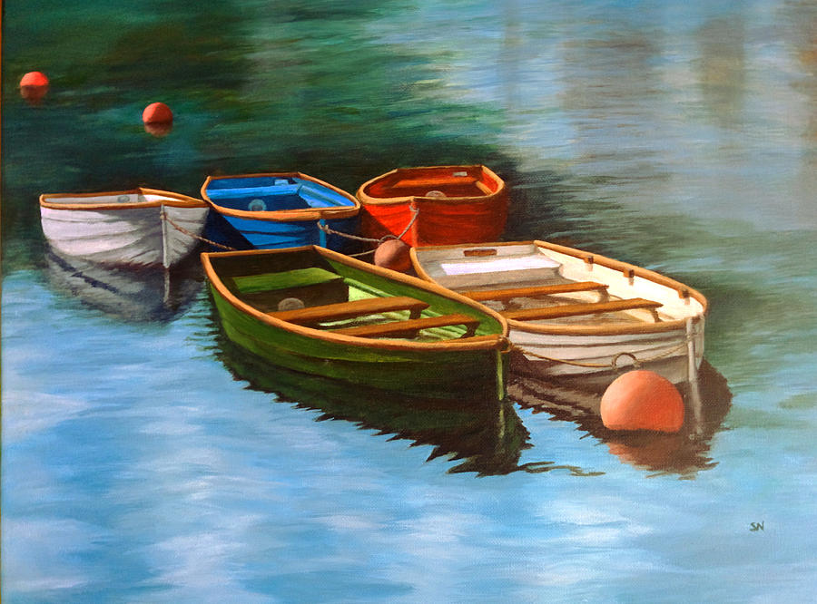 Boat Painting - Moored Boats by Shylaja Nanjundiah