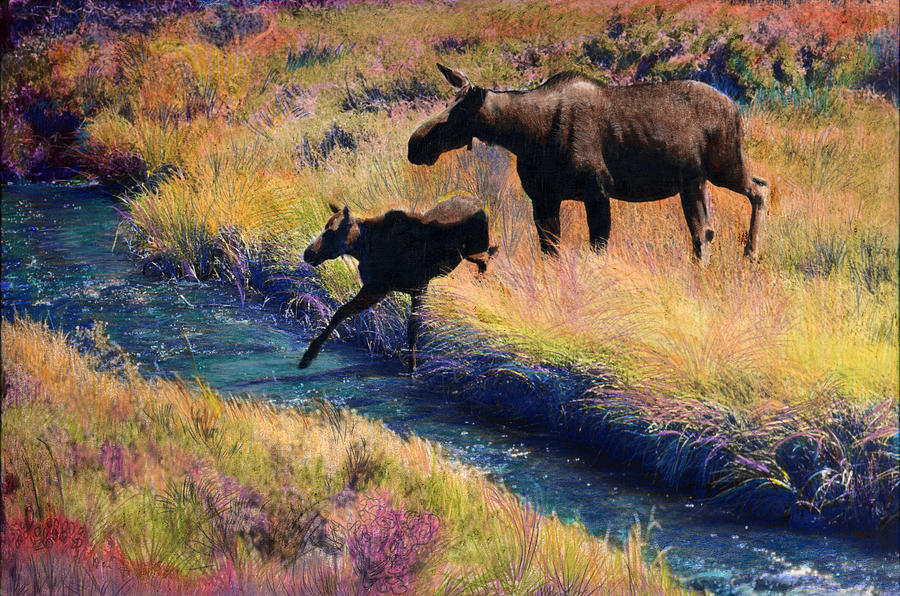 Moose and Calf Painting by Cindy McIntyre
