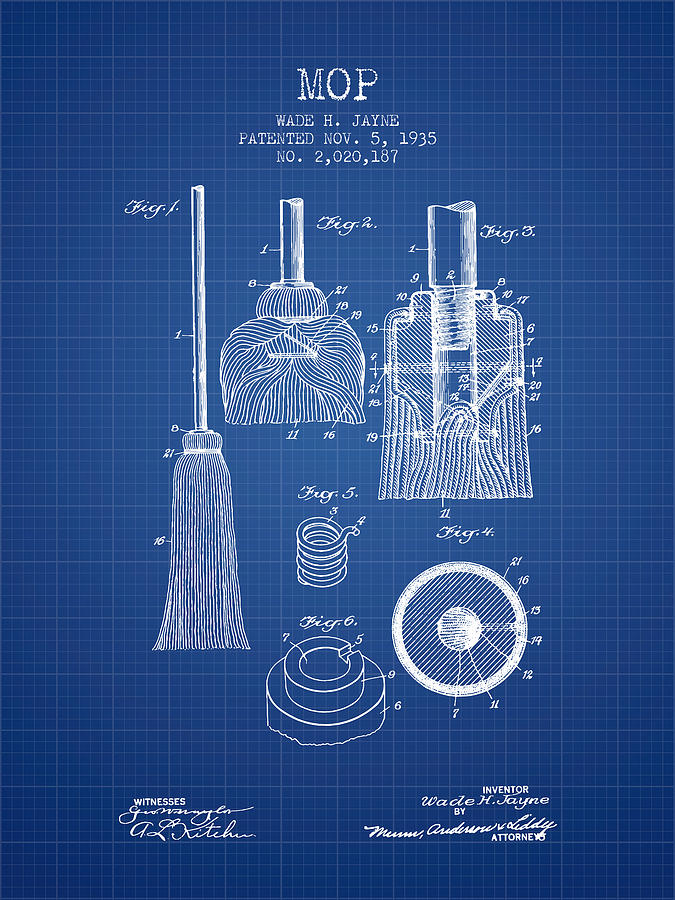 Vintage Digital Art - Mop patent from 1935 - Blueprint by Aged Pixel