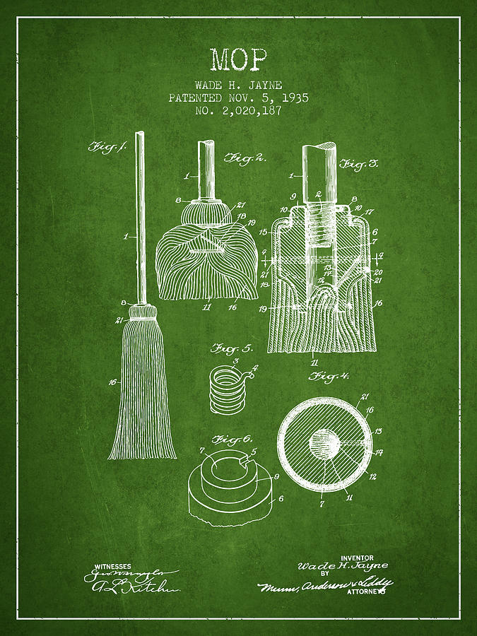 Vintage Digital Art - Mop patent from 1935 - Green by Aged Pixel