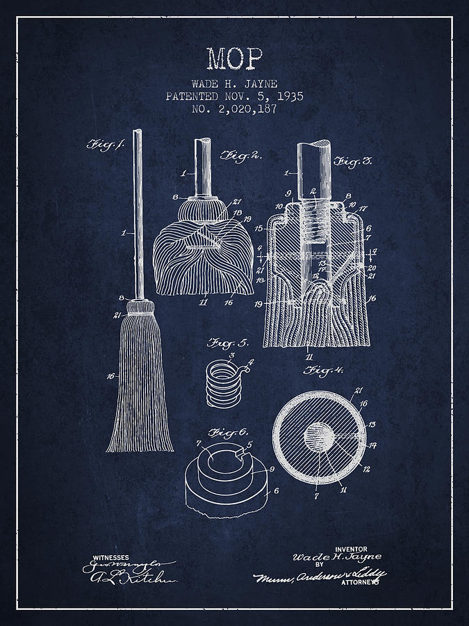 Vintage Digital Art - Mop patent from 1935 - Navy Blue by Aged Pixel