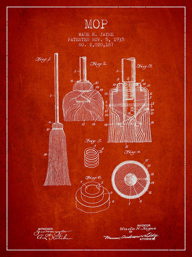 Vintage Digital Art - Mop patent from 1935 - Red by Aged Pixel