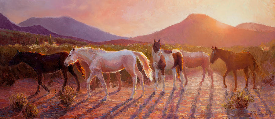 More Than Light Arizona Sunset and Wild Horses Painting by K Whitworth