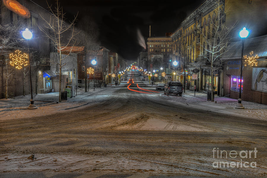 Morgantown High Street on cold snowy night  Photograph by Dan Friend