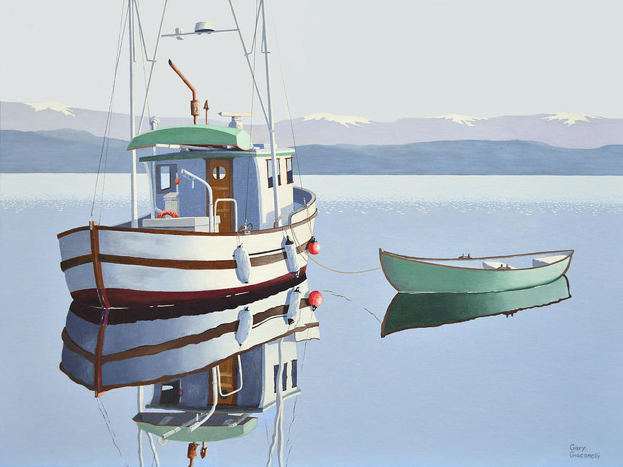 Morning calm-fishing boat with skiff Painting by Gary Giacomelli