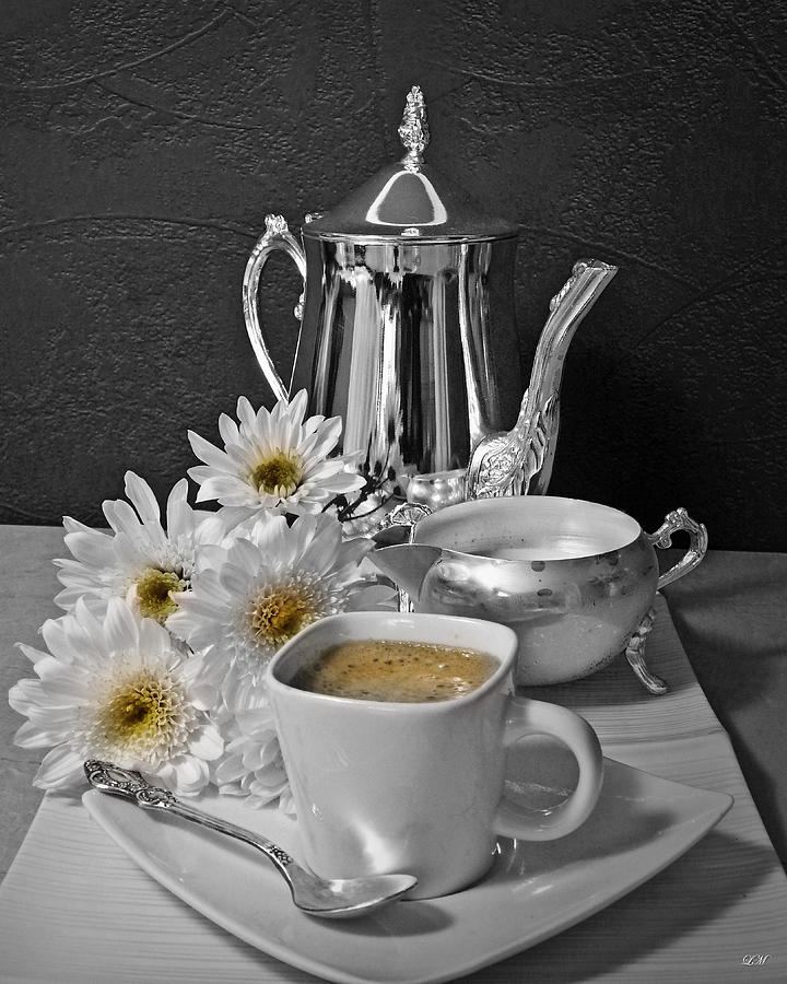 Morning Coffee with White Chrysanthemum Still Life Art Poster Photograph by Lily Malor