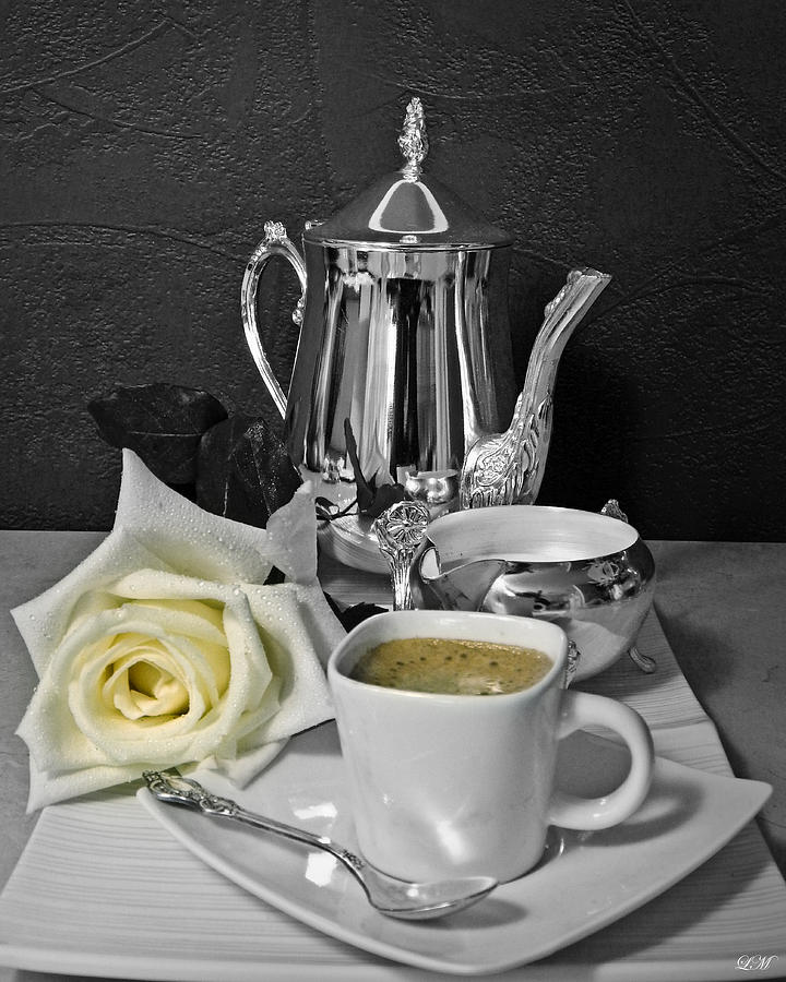 Morning Coffee with White Rose Still Life Art Poster Photograph by Lily Malor