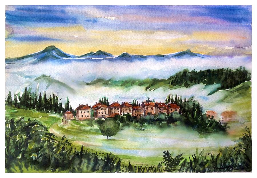 Morning fog near the village Painting by Katerina Kovatcheva