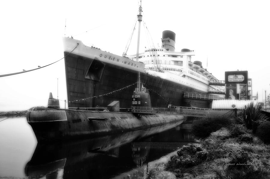 Morning Fog Russian Sub And Queen Mary 02 BW Photograph by Thomas Woolworth