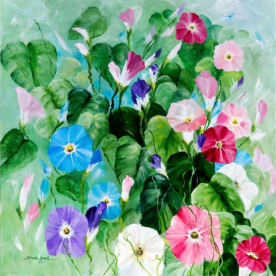 Blue Morning Glories Painting - Morning Glory Bouquet by Linda Rauch