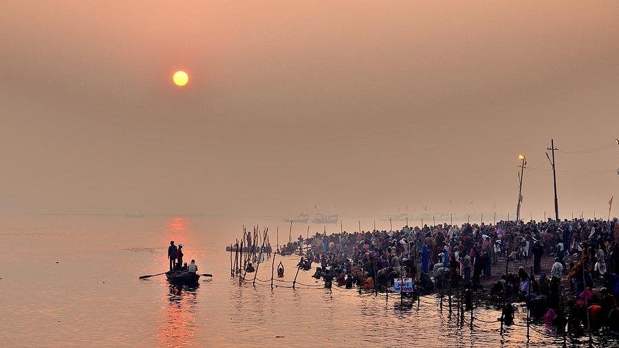 Morning Haze on the Ganges - Kumbhla Mela - India Photograph by Kim Bemis