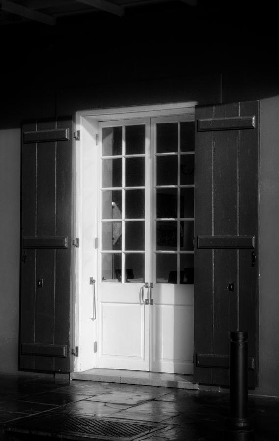 Morning Light On A French Quarter Door in Black and White Photograph by Greg and Chrystal Mimbs