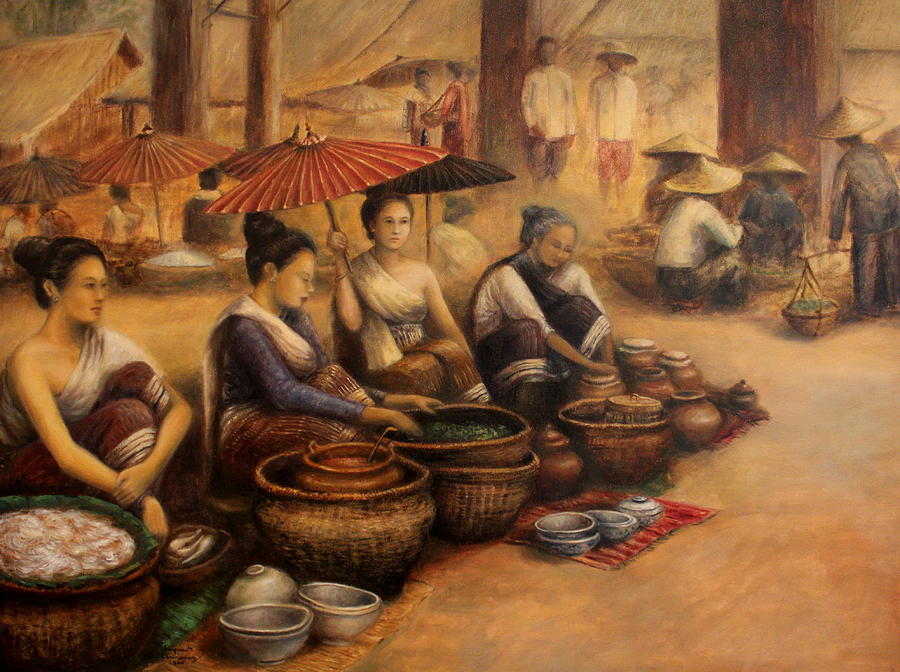 Morning Market Painting by Sompaseuth Chounlamany