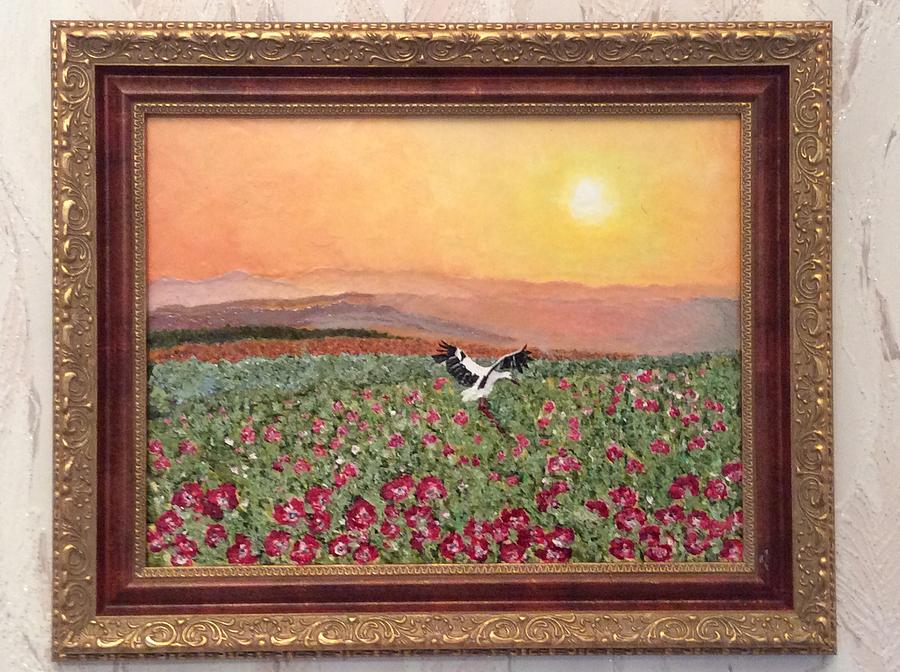 Stork Painting - Morning. Poppy field by Ruslana Bezsmertna
