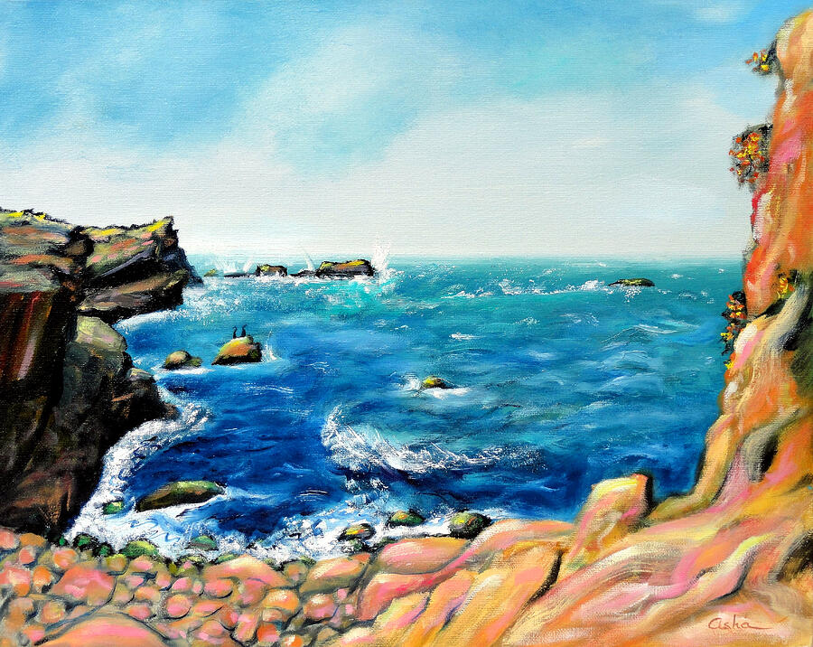 Morning Sea with Birds on Rocks Painting by Asha Carolyn Young