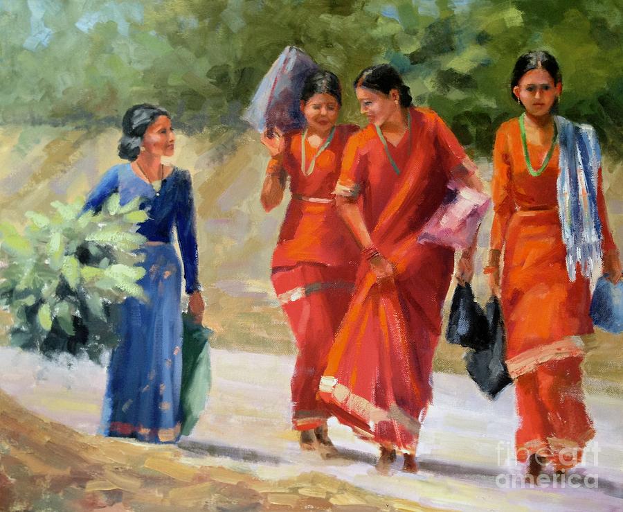 Nepal Painting - Morning Shopping by Wendy Gordin