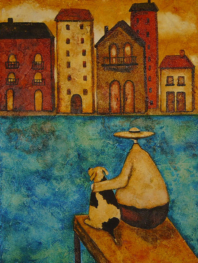 Sunset Painting - Morning Venice Dog Pet Sea Nautical Animal Italian Whimsical Folk Debi Hubbs Children Art by Debi Hubbs