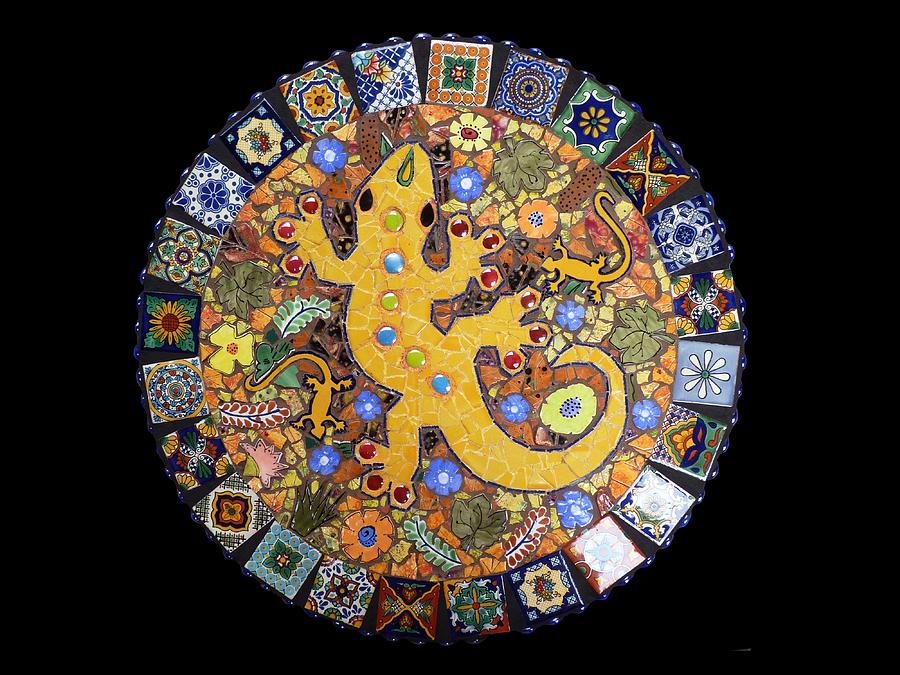Mosaic Mixed Media - Mosaic Lazy Susan Southwestern Gecko Made with Talavera Tiles  by Katherine Sutcliffe
