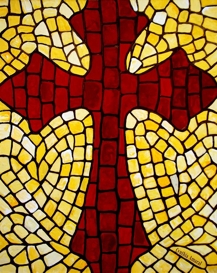 Cross Painting - Mosaic Red Cross by Cynthia Amaral