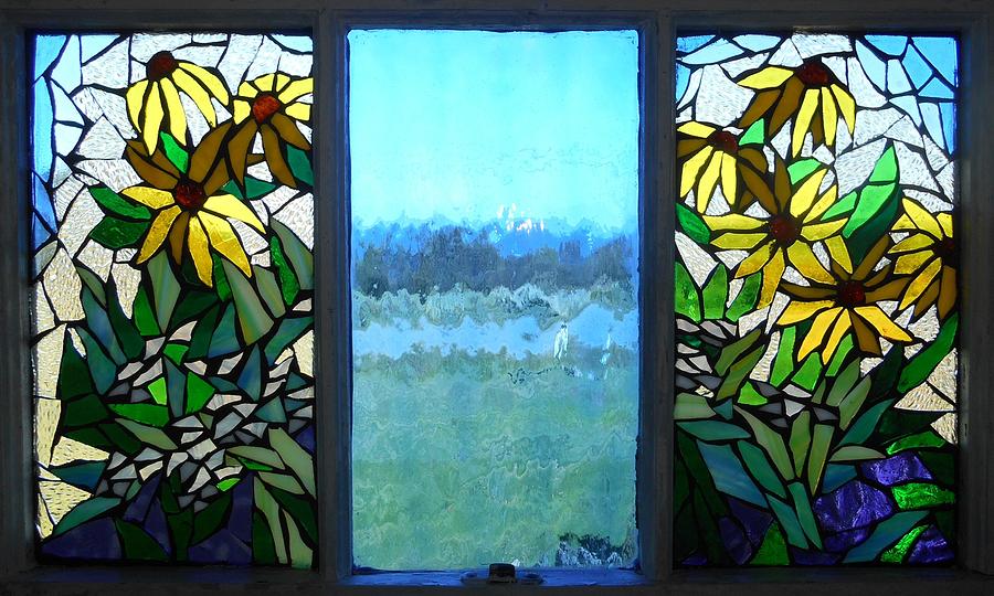Mosaic Stained Glass - Brown Eyed Susans  Glass Art by Catherine Van Der Woerd