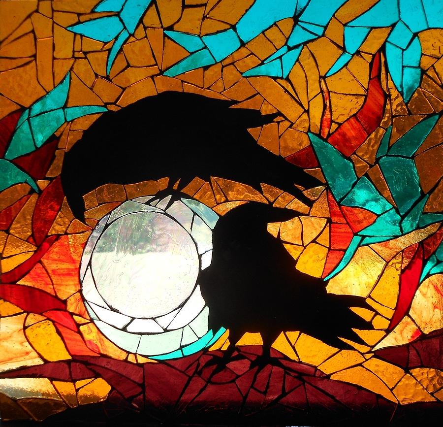 Bird Glass Art - Mosaic Stained Glass- Crows by Catherine Van Der Woerd