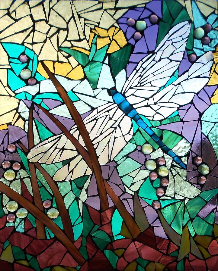 Mosaic Stained Glass - Dragonfly 3 Glass Art by Catherine Van Der Woerd