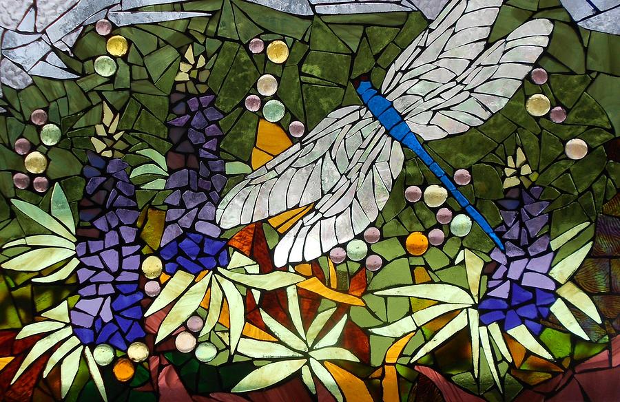 Flower Glass Art - Mosaic Stained Glass - Lupins and dragonfly by Catherine Van Der Woerd