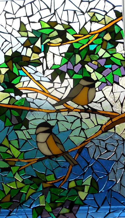 Mosaic Stained Glass - Two Little Chickadees Glass Art by Catherine Van Der Woerd