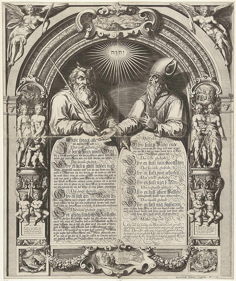 Moses Drawing - Moses And Aaron With The Tablets Of The Law by Simon Frisius And Gerard Valck