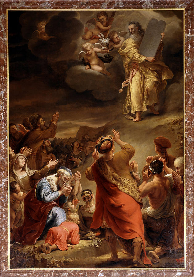 Moses descends from Mount Siniai with the Ten Commandments Painting by Ferdinand Bol