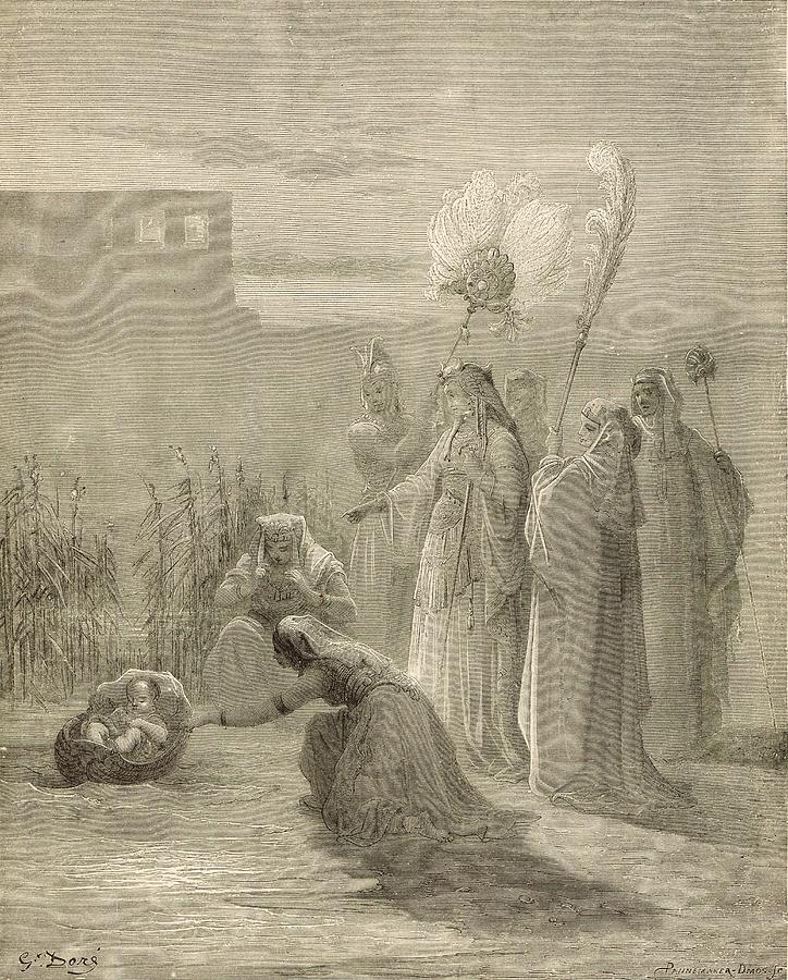 Genesis Drawing - Moses in the Bullrushes by Antique Engravings