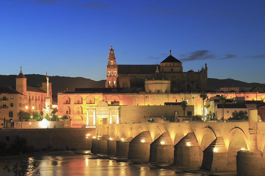 Mosque Cathedral Of Cordoba And The Roman Bridge At Night Andalusia Spain Photograph