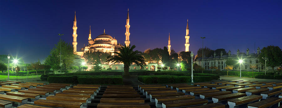 Architecture Photograph - Mosque Lit Up At Night, Blue Mosque by Panoramic Images