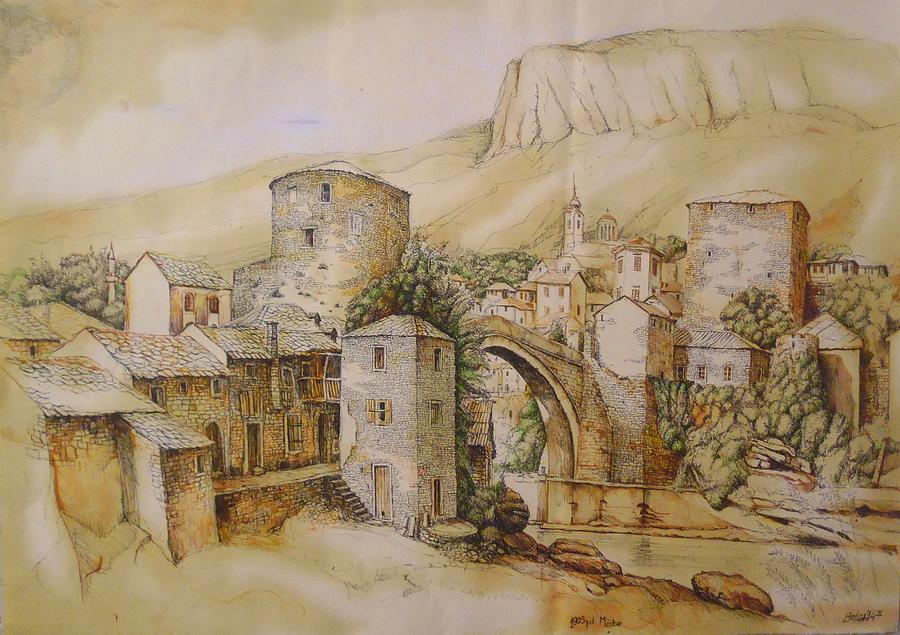 Cityscape Drawing - Mostar 1903 by Behzad Hadziahmetovic