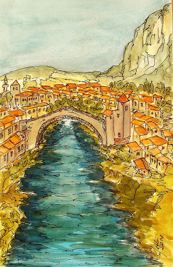 Watercolor Painting - Mostar Bosnia and Herzeginova by Fethi Canbaz