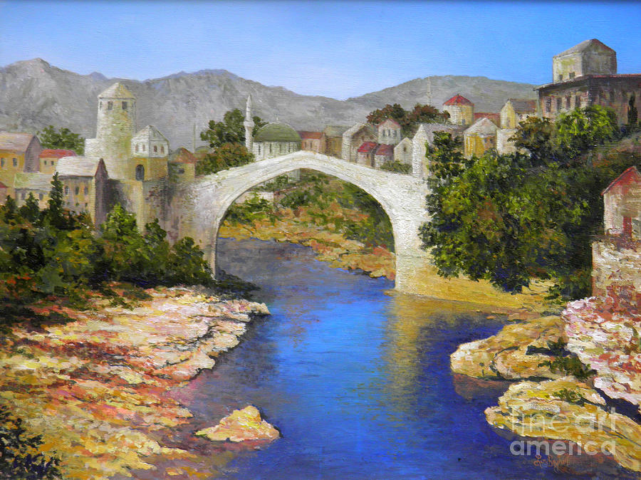 Mostar Bridge Painting by Lou Ann Bagnall
