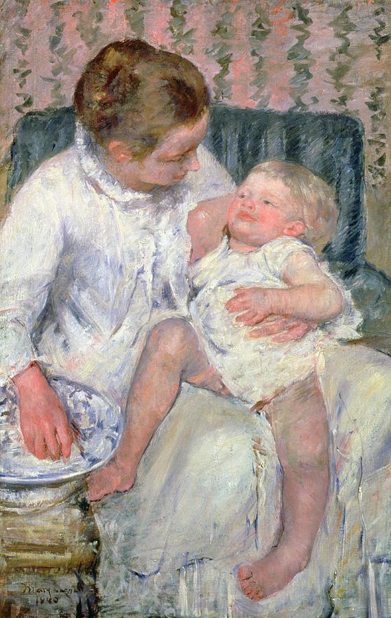 Mary Stevenson Cassatt Painting - Mother About to Wash her Sleepy Child by Mary Stevenson Cassatt