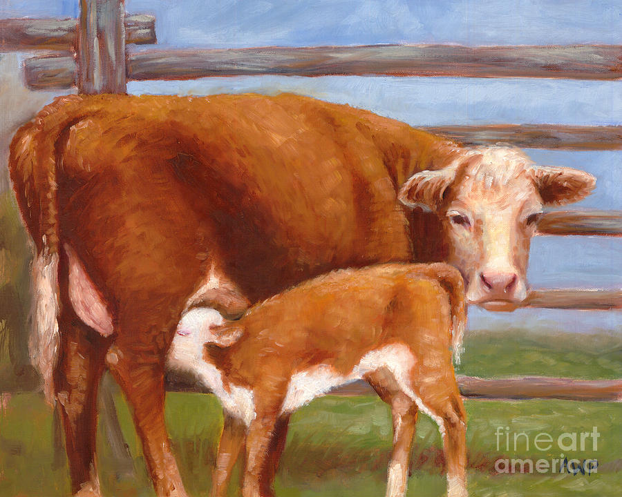 Mother and Baby Cow Painting by Audrey Peaty
