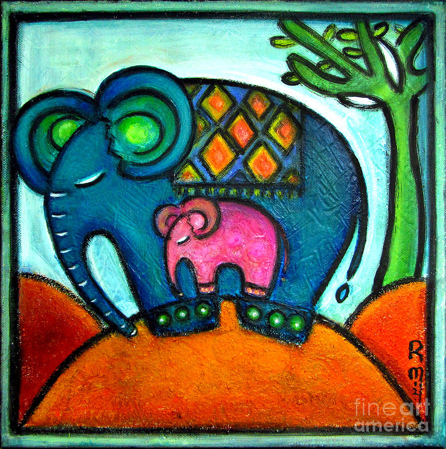 Nature Painting - Mother and baby elephant One footstep for two by Rosemary Lim