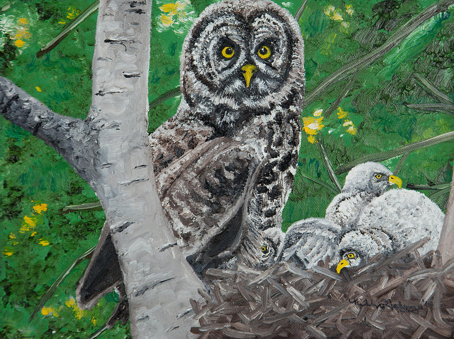 Nature Painting - Mother and Baby Great Grey Owls by Nikolette Galenza