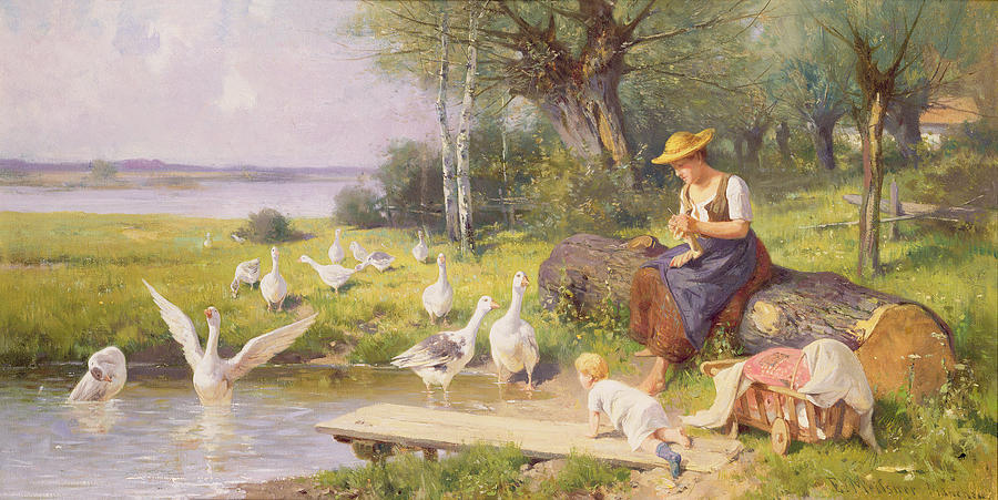 Goose Painting - Mother And Child With Geese by Adolf Ernst Meissner