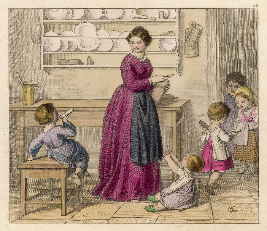 Mother And Children In The Kitchen by Mary Evans Picture Library