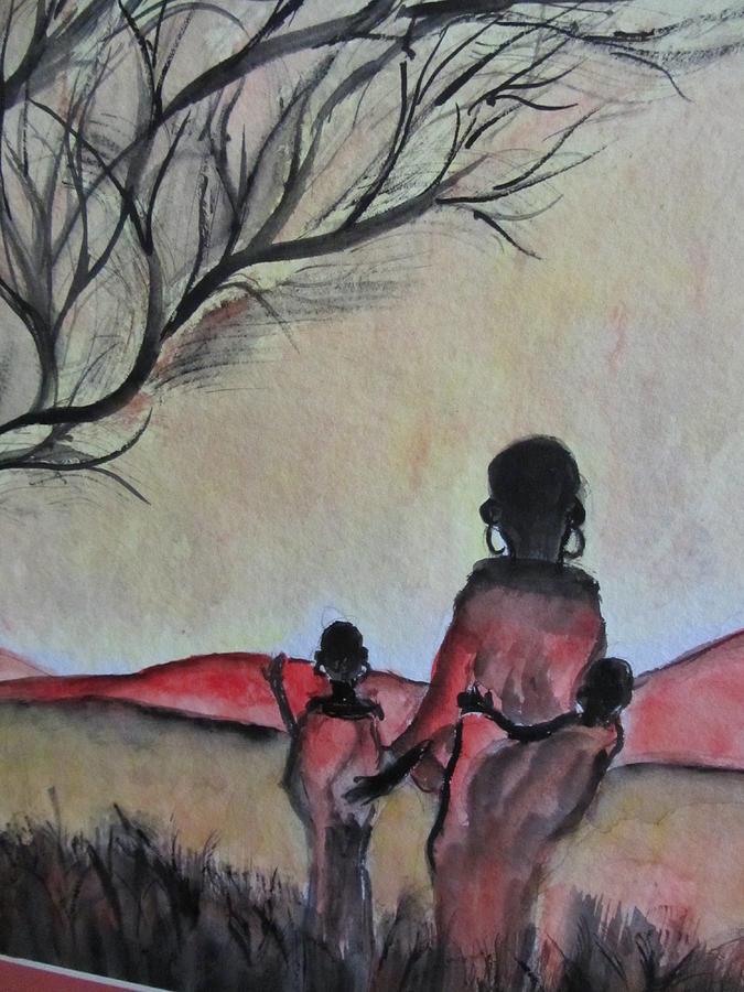 Mother and Children Walking in Kenya Painting by Lucille  Valentino