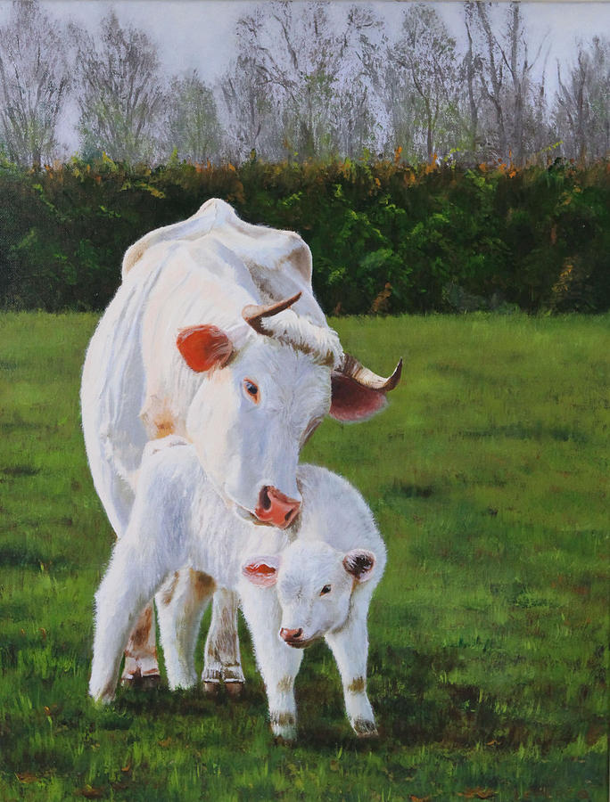 Cow Painting - Mother And Her Calf by Lepercq Veronique